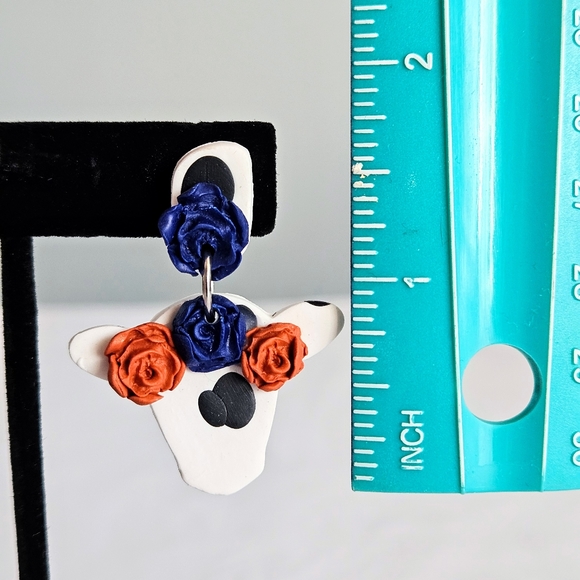SD Handmade Blue & Burnt Orange Flower Tiara Cow Polymer Clay Dangling Earrings - Picture 4 of 5